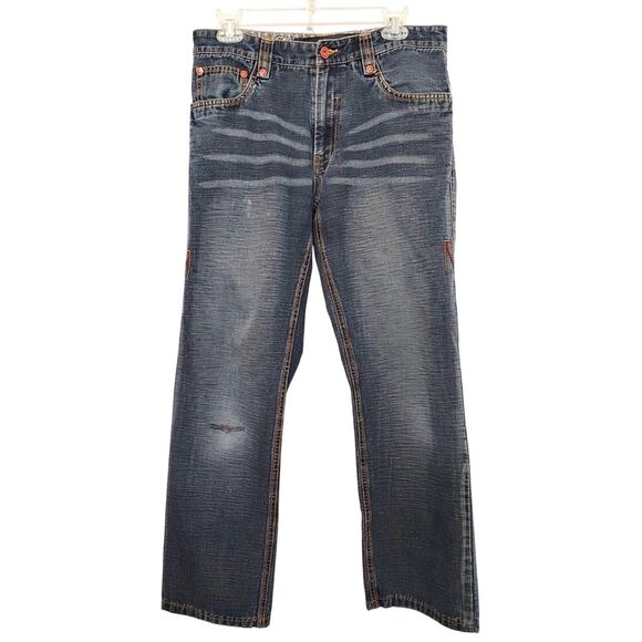 V-One Studio Denim Medium Blue Distressed Faded Lace Patchwork Straight Jeans - Picture 1 of 16